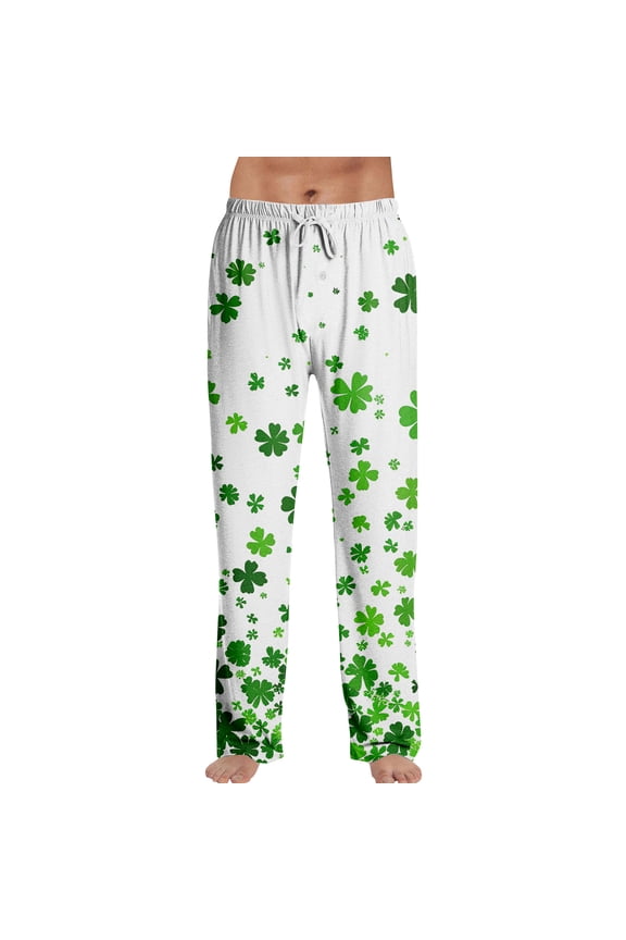St. Patrick's Day Men's Pajamas Loose Wide Leg Sleepwear Pajama Pants Soft Shamrock Clover Graphic High Waisted Pj Spring Drawstring Lounge Pants with Pockets Green M
