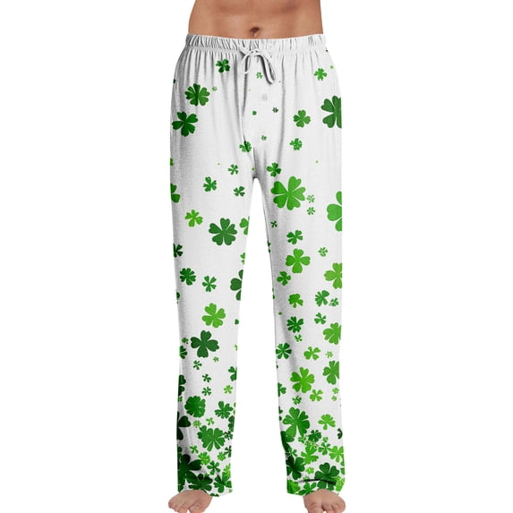 Fgvctg St. Patrick's Day Pajama Pants for Men Lucky Sleepwear Wide Leg Pajama Shamrock Clover Print High Waisted Pjs Pants Oversized Spring Fall Drawstring Lounge Pants with Pockets Green S