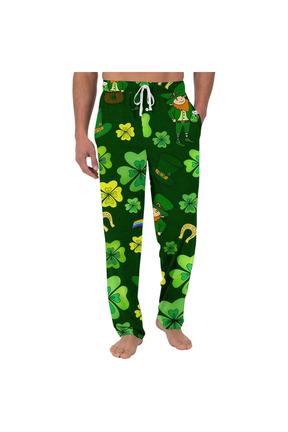 St. Patrick's Day Pajama Pants Mens Casual Shamrock Clover Graphic Wide Leg Pajama Sleepwear High Waisted Pjs Pants Oversized Fall Spring Drawstring Lounge Pants with Pockets Green L