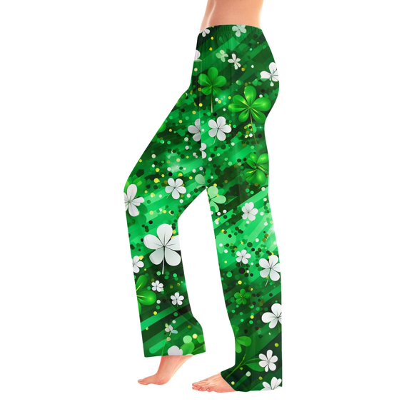 Fgvctg St. Patrick's Day Pajama Pants Womens Lucky Shamrock Clover Print Wide Leg Pajama Sleepwear High Waisted Pj Pants Loose Spring Drawstring Lounge Pants Green 2XL