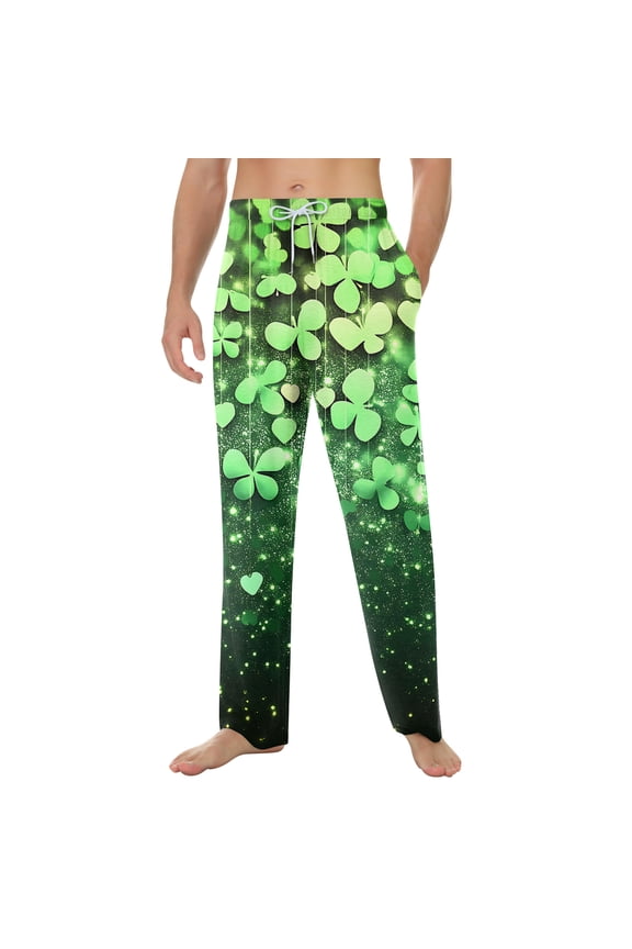 St. Patrick's Day Pajamas for Men Casual Sleepwear Wide Leg Pajamas Shamrock Clover Print High Waisted Pjs Pants Lightweight Fall Spring Drawstring Lounge Pants with Pockets Dark Green XL