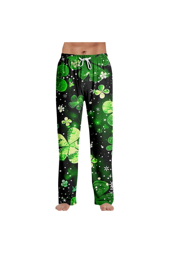 St. Patrick's Day Plus Size Pajamas for Men Oversized Wide Leg Sleepwear Pajama Pants Comfy Shamrock Print High Waisted Pjs Spring Fall Drawstring Lounge Pants with Pockets Mint Green M
