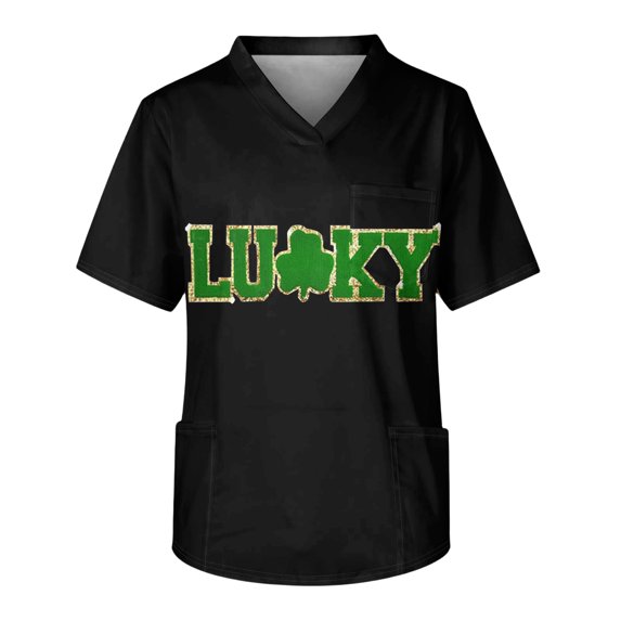 Fgvctg St. Patrick's Day Scrub Tops Men Cute Shamrock Graphic V Neck Short Sleeve Top Scrub Fashion Work Medical T Shirts Plus Size Scrubs Nursing Uniforms Workwear Shirt with Pocket Green 3XL