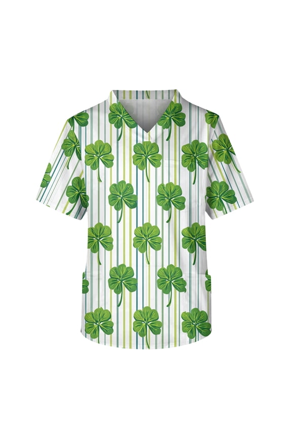 St. Patrick's Day Scrubs for Men Cute Shamrock Print V Neck Short Sleeve Tops Scrubs Fashion Work Medical T Shirts Plus Size Scrub Nurse Uniforms Workwear Shirt with Pockets Mint Green S