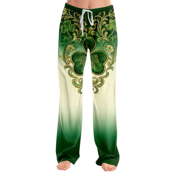 Fgvctg St. Patrick's Day Womens Pajamas Loose Wide Leg Sleepwear Pajama Pants Lucky Shamrock Clover Print High Waisted Pj Fall Spring Drawstring Lounge Pants with Pockets Army Green XL