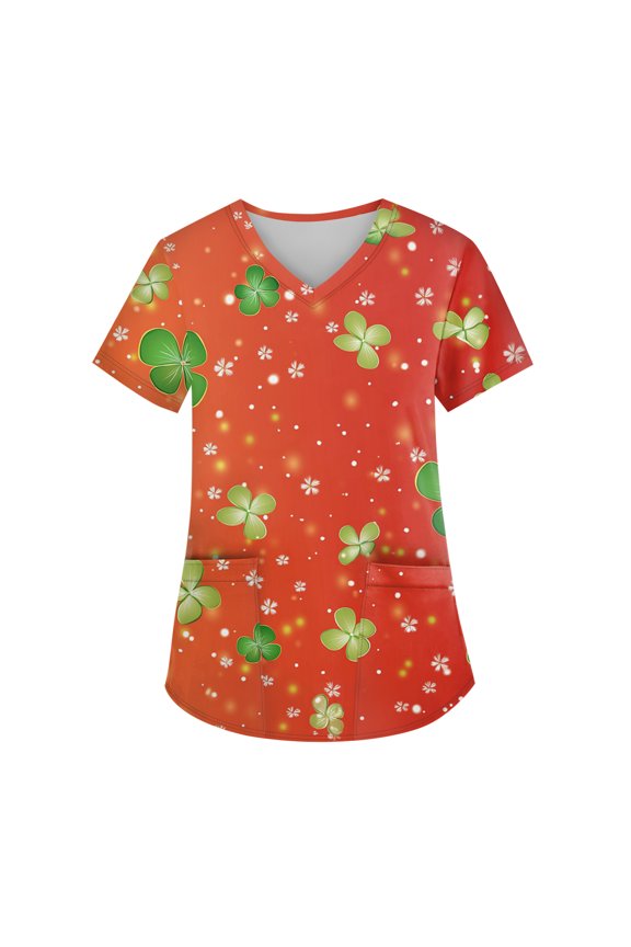 St. Patrick's Day Womens Scrubs Fashion Short Sleeve Cute Shamrock Printed Scrubs Top Oversized V Neck Work Shirt Scrub Nursing Uniforms T Shirts with Pocket Turquoise 5XL