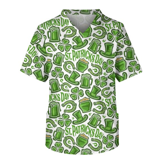 Fgvctg St. Patrick's Dayscrubs for Men Soft Short Sleeve Cute Shamrock Print Scrub Top Loose V Neck Work Shirt Scrubs Workwear Nursing Uniform Medical T Shirts with Pockets Fluorescent Green L