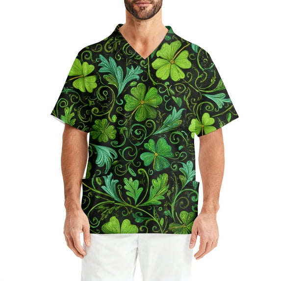 Fgvctg St. Patrick's Dayscrubs for Men V Neck Cute Shamrock Printed Scrubs Top Soft Workwear Short Sleeve T Shirts Loose Scrub Working Shirts Medical Nursing Uniforms with Pockets Army Green 3XL