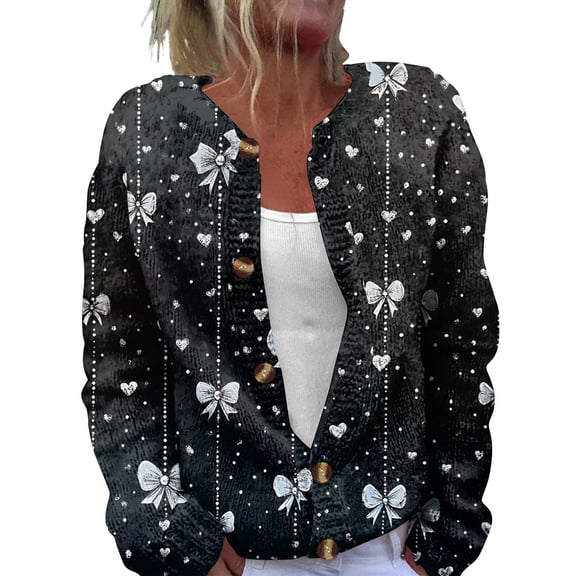 Fgvctg Sweaters for Women Valentine's Day Love Heart Print Sweater Long Sleeve Casual Coats Open Front Button Down Cardigan Sweaters Trendy Spring Clothes Black XL
