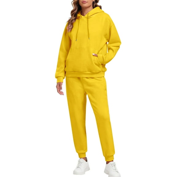 Fgvctg Sweatsuits Women 2 Piece Outfit Spring Sweatsuits Warm Jogger Sweatpants Plus Size Fleece Tracksuits Oversized Sweatshirt Lounge Hoodies with Pockets Yellow XL