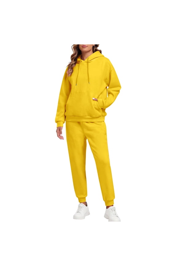 Sweatsuits Women 2 Piece Outfit Spring Sweatsuits Warm Jogger Sweatpants Plus Size Fleece Tracksuits Oversized Sweatshirt Lounge Hoodies with Pockets Yellow XL