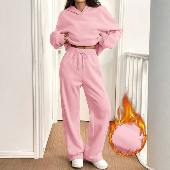 Fgvctg Sweatsuits Women 2 Piece Outfit Winter Sweatsuits Casual Jogger Sweatpant Comfy Fleece Tracksuit Oversized Sweatshirts Lounge Hoodie with Pockets Pink 2XL