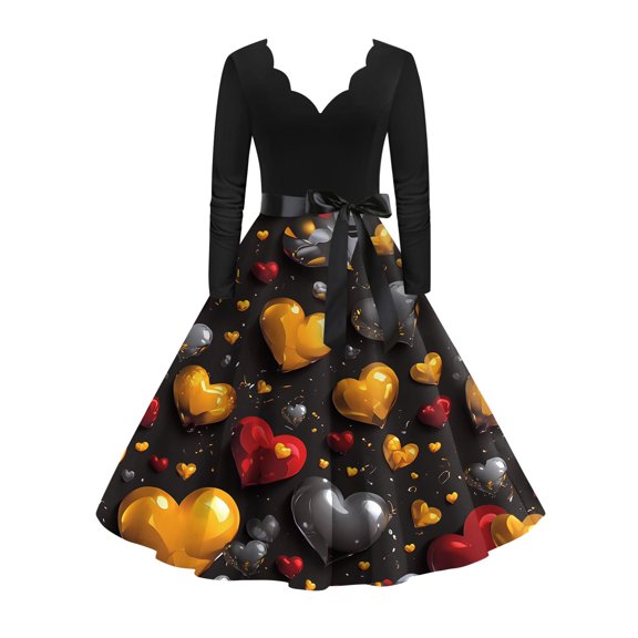 Fgvctg Valentine'S Day Cocktail Dresses For Women Love Heart Graphic Cocktail Dress Vintage V Neck 1950S Dress Long Sleeve Dressy Elegant Clothes Dark Gray L