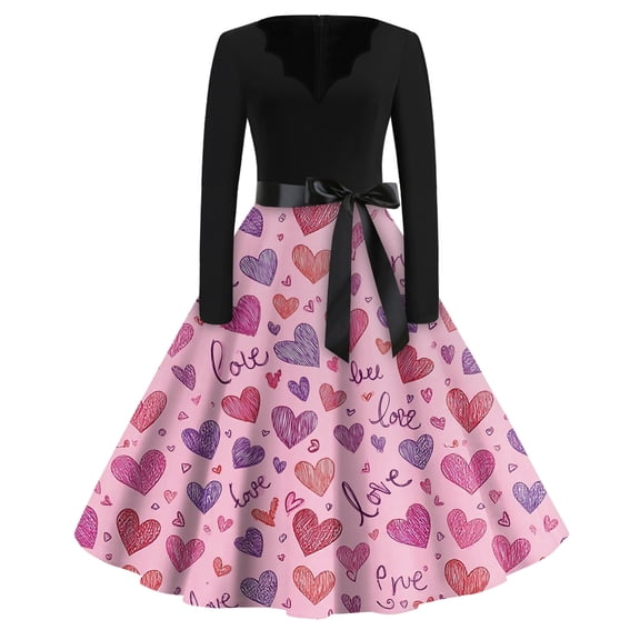 Fgvctg Valentine'S Day Date Night Dresses For Women Dinner Vintage Dress Cocktail 1950S Cute Heart Print V Neck Dresses A-Line Romantic Long Sleeve Clothes Soft Outfits Purple S