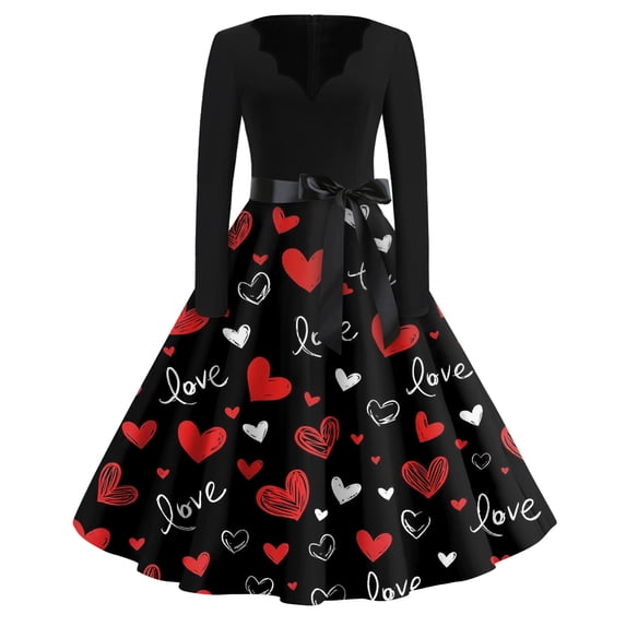 Fgvctg Valentine'S Day Dresses For Women Date-Night Vintage Cocktail 1950S Tea Dress Cute Heart Print V Neck Dresses Lightweight Romantic Long Sleeve Clothes Hepburn Outfit Vermilion L
