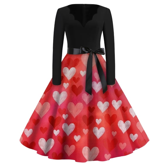 Fgvctg Valentine'S Day A Line Dresses For Women Date-Night Vintage Cocktail 50S Tea Dress Love Heart Graphic V Neck Dress Plus Size Elegant Long Sleeve Clothing Soft Outfit Watermelon Red M