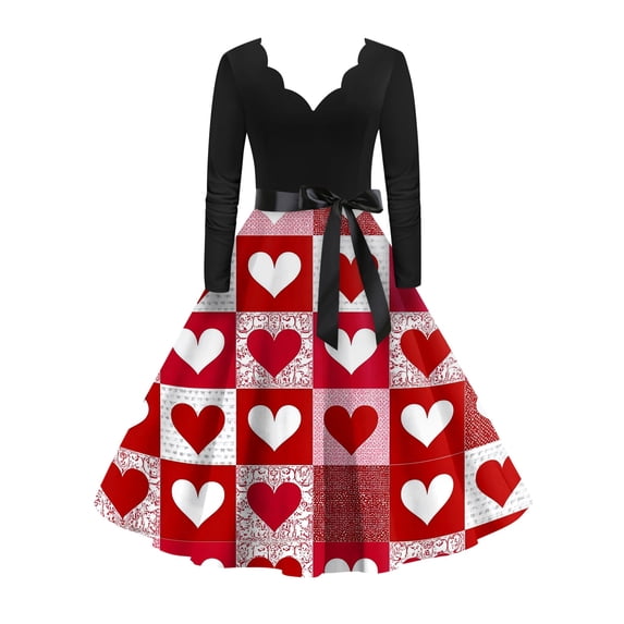 Fgvctg Valentine'S Day A Line Dresses For Women Romantic V Neck Vintage Dress Cocktail Cute Heart Graphic Trendy 50'S Dress Date Night Long Sleeve Oversized Dressy Clothing Red 2XL