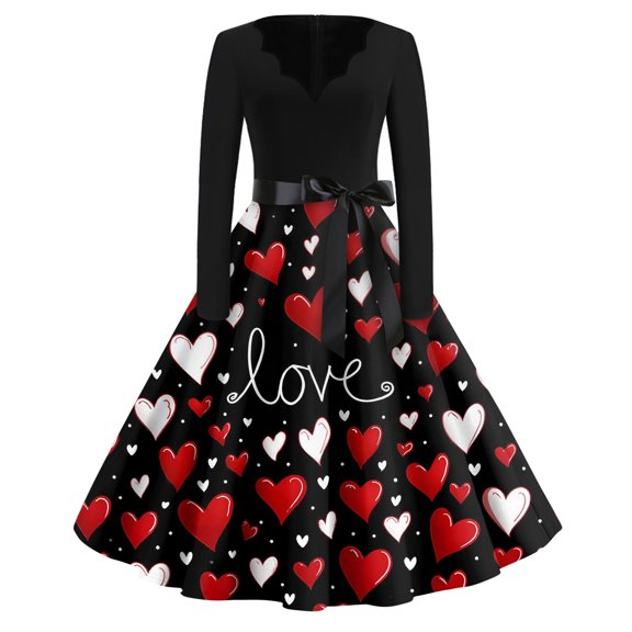 Fgvctg Valentine'S Day A Line Dresses For Women Romantic V Neck Vintage Dresses Cocktail Cute Heart Print Fit 1950S Tea Dress Long Sleeve Formal Dressy Outfits Red L