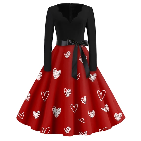 Fgvctg Valentine'S Day Party Dresses For Women Elegant V Neck Cocktail Dress Love Heart Graphic Casual 1950S Dress Long Sleeve Vintage Dressy Clothes Red L