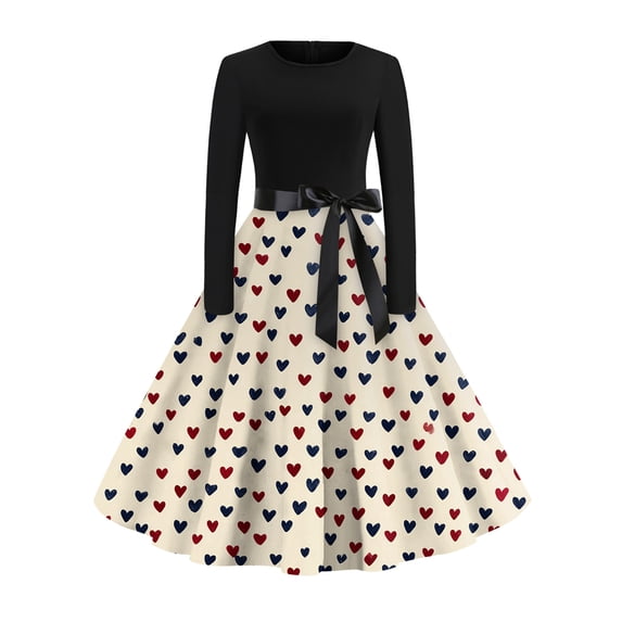 Fgvctg Valentine'S Day Party Dresses For Women Pretty Long Sleeve Vintage Dresses Cocktail Plus Size Date-Night Dress 1950S Elegant Love Heart Graphic Outfit Crewneck Clothing Beige L