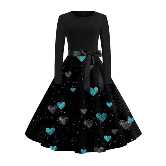 Fgvctg Valentine'S Day Party Dresses For Women Romantic Crewneck Vintage Dresses Cocktail Cute Heart Print Fit Dress 1950S Long Sleeve Sweet Dressy Clothes Dark Blue 2XL
