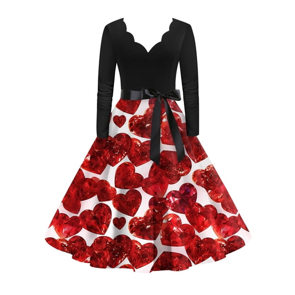 Fgvctg Valentine'S Day Party Dresses For Women Sweet V Neck Cocktail Dress Love Heart Print Trendy 1950S Dress Date-Night Long Sleeve Vintage Dressy Clothing Wine 3XL