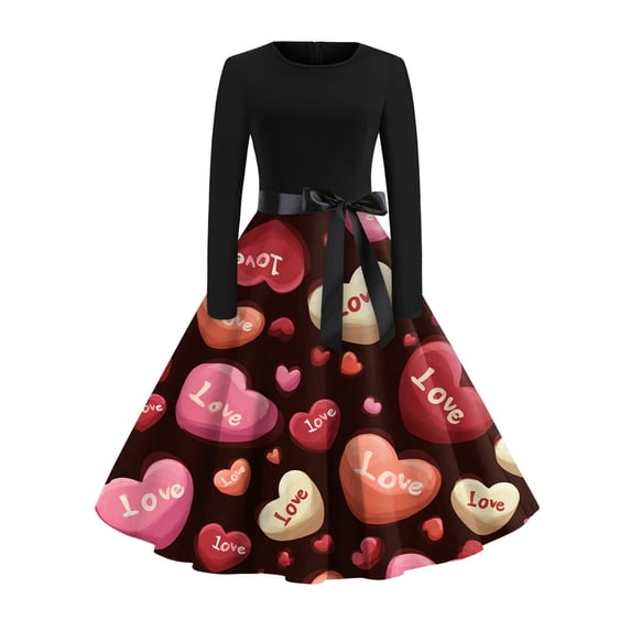 Fgvctg Valentine'S Day Spring Dresses For Women 2026 Cocktail Dress 1950S Love Heart Print Crewneck Dresses Vintage Date-Night Sweet Long Sleeve Clothing Fit Outfit Wine 2XL