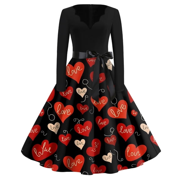 Fgvctg Valentine'S Day Spring Dresses For Women 2026 Cute Heart Graphic Vintage Dresses Cocktail Formal V Neck 50S Tea Dress Long Sleeve Dressy Romantic Date Night Clothing Vermilion 2XL