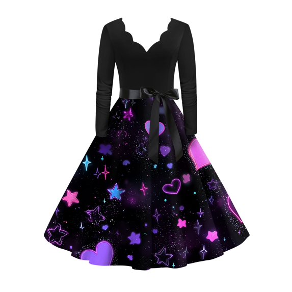 Fgvctg Valentine'S Day Spring Dresses For Women 2026 Date Night Vintage Cocktail 1950S Dress Cute Heart Print V Neck Dresses Sweet Romantic Long Sleeve Clothing Fit Outfit Purple 3XL