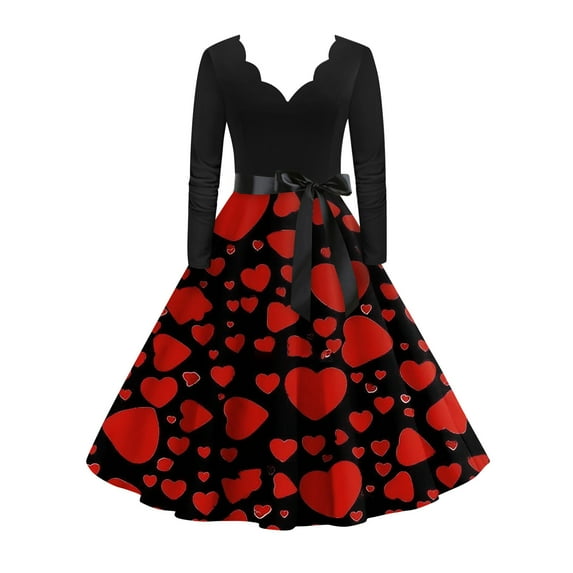 Fgvctg Valentine'S Day Spring Dresses For Women 2026 Fit Long Sleeve Vintage Dress Cocktail A-Line Date Night 1950S Dress Romantic Cute Heart Graphic Outfits V Neck Clothing Red XL