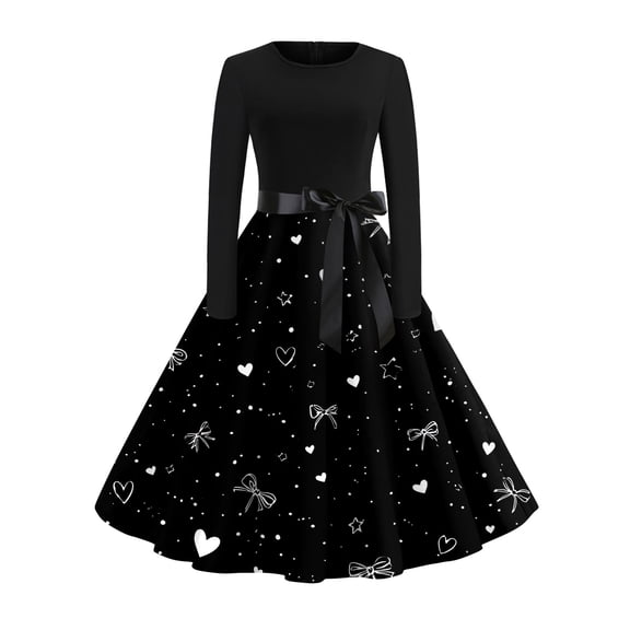 Fgvctg Valentine'S Day Tea Party Dresses For Women Cocktail Dress 1950S Cute Heart Print Crewneck Dress Vintage Date Night Romantic Long Sleeve Clothes Pretty Outfits Black S
