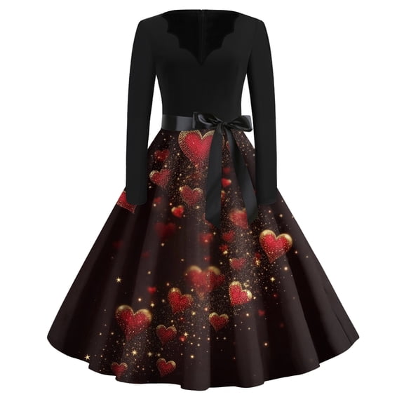 Fgvctg Valentine'S Day Tea Party Dresses For Women Cute Heart Print Vintage Dress Cocktail A-Line V Neck Dress 1950S Long Sleeve Dressy Romantic Date Night Outfit Vermilion M