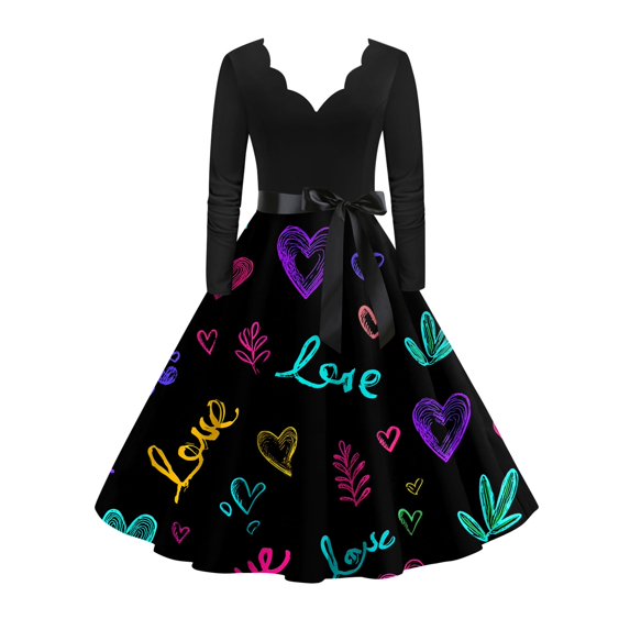 Fgvctg Valentine'S Day Tea Party Dresses For Women Dinner Vintage Cocktail 50'S Dress Cute Heart Print V Neck Dresses Romantic Long Sleeve Clothing Fashion Outfit Navy XL