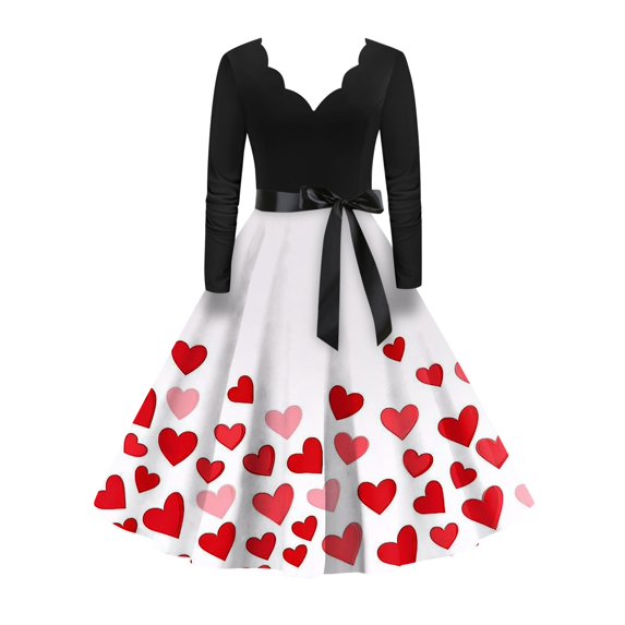 Fgvctg Valentine'S Day Tea Party Dresses For Women Fashion Long Sleeve Vintage Dress Cocktail Lightweight Dress 1950S Sweet Love Heart Print Date-Night Outfits V Neck Clothing Light Pink S