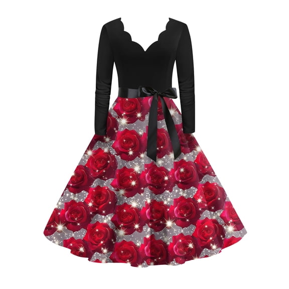 Fgvctg Valentine'S Day Wedding Guest Dresses For Women Hepburn Long Sleeve Cocktail Dress Vintage 50'S Dress Romantic Cute Heart Print Date Night Outfits V Neck Clothes Red S