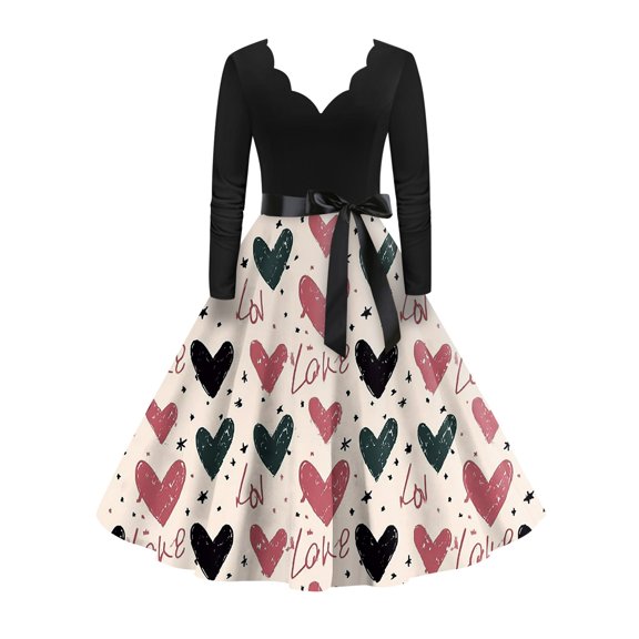 Fgvctg Valentine'S Day Womens Date Night Dress Formal Romantic V Neck Vintage Dresses Cocktail Cute Heart Print Soft 50S Tea Dress Long Sleeve Classy Dressy Outfit Beige 2XL