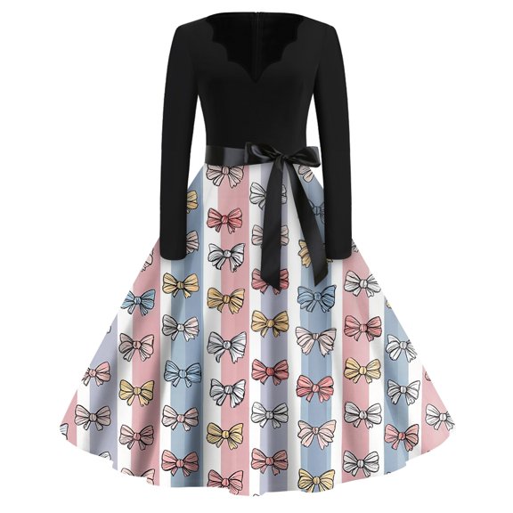 Fgvctg Valentine'S Day Womens Dresses Vintage Dress Cocktail 1950S Love Heart Print V Neck Dress Sweet Date-Night Sweet Long Sleeve Clothes Casual Outfit Light Blue L
