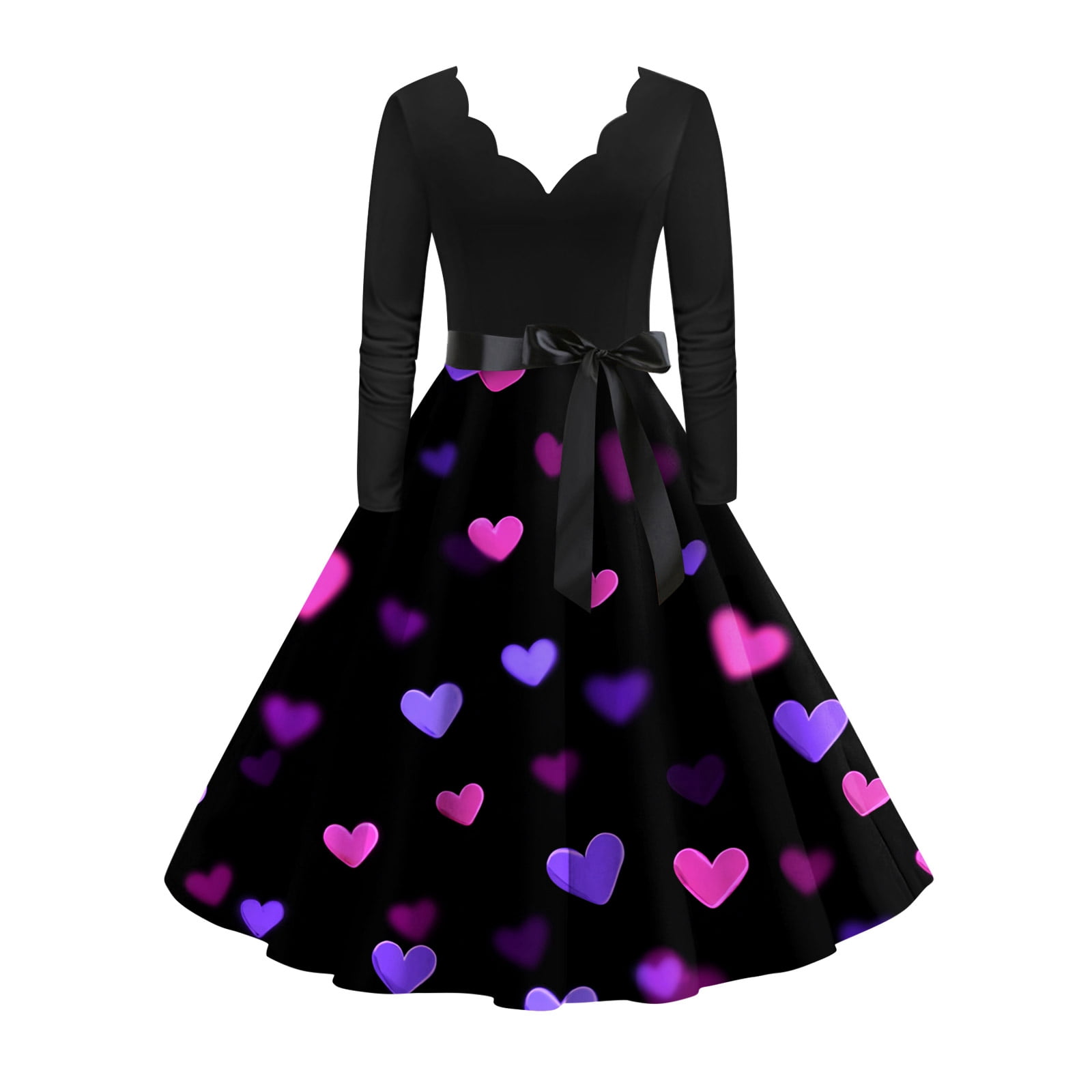 formal valentines day dress Fgvctg Valentine'S Womens Wedding Guest Vintage Cocktail 50'S Dress Cute Heart Print V Neck Dress Classy Date Night Romantic Long Sleeve Clothing Soft Outfit Dark Purple 3XL mother
