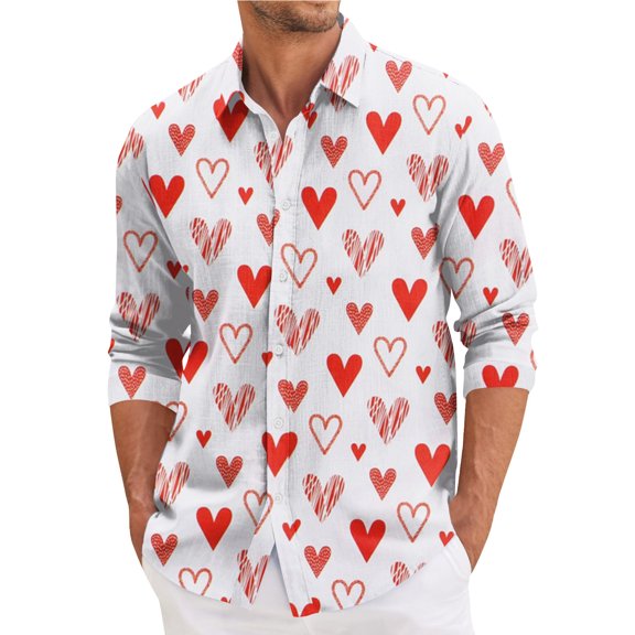 Fgvctg Valentine's Day Button Up Shirt Men Long Sleeve Button Down Cotton Shirt Collared Romantic Blouses Date Day Love Heart Print Plus Size Business Casual Tops White 3XL