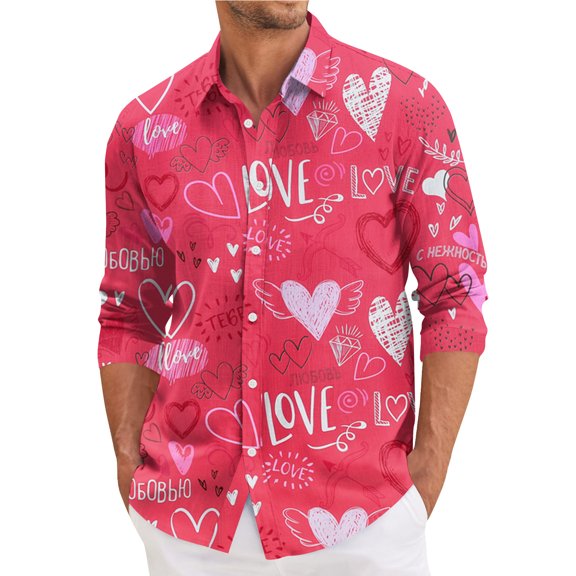 Fgvctg Valentine's Day Button Down Shirt for Men Long Sleeve Cotton Blouses Collared Oversized Date Day Love Heart Print Shirt Trendy Business Casual Tops Hot Pink L