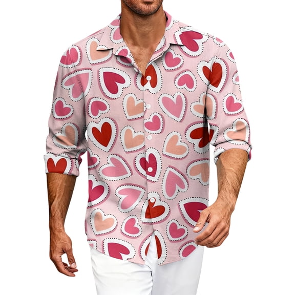 Fgvctg Valentine's Day Button Down Shirt for Men Long Sleeve Cotton Shirts Trendy Date Day Love Heart Print Collared Blouse Oversized Business Casual Tops Pink 2XL