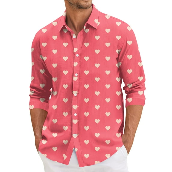 Fgvctg Valentine's Day Button Up Shirt Men Long Sleeve V Neck Button Down Blouse Casual Date Day Love Heart Print Shirts Oversized Collared Business Casual Outfits Watermelon Red 3XL