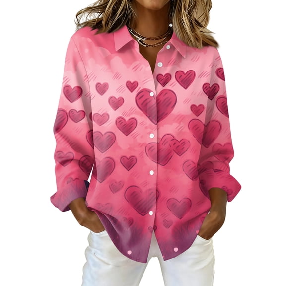 Fgvctg Valentine's Day Button Down Shirt for Women Long Sleeve Cotton Blouse Romantic Date Day Love Heart Print Shirt Plus Size Collared Business Casual Tops Pink XL