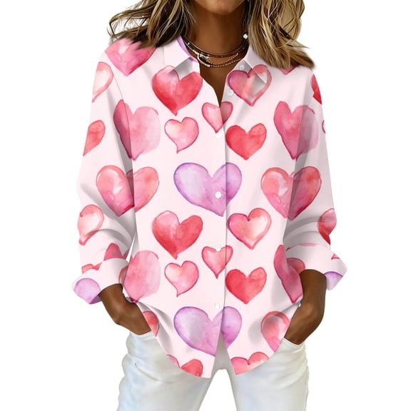 Fgvctg Valentine's Day Button Down Shirt for Women Long Sleeve V Neck Blouses Fashion Date Day Love Heart Print Shirt Plus Size Collared Business Casual Tops Light Purple 2XL