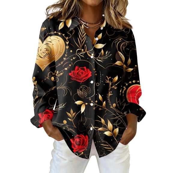 Fgvctg Valentine's Day Button Down Shirt for Women V Neck Long Sleeve Shirt Trendy Collared Blouses Date Day Love Heart Print Oversized Business Casual Tops Black 2XL