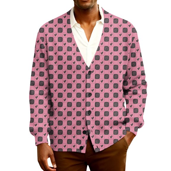 Fgvctg Valentine's Day Cardigan Sweaters for Men Ribbed Knit Romantic Love Heart Graphic Sweaters Long Sleeve Casual Coats Sweet Button Down Vintage Spring Clothes Pink 2XL