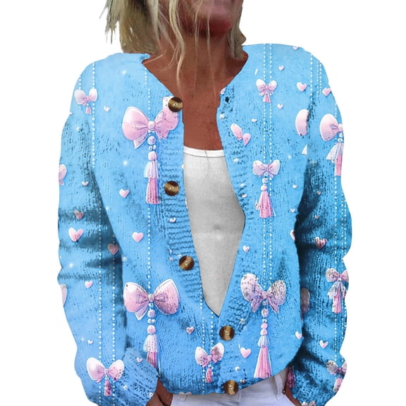 Fgvctg Valentine's Day Cardigan Sweaters for Women Cozy Open Front Cute Sweaters Casual Long Sleeve Coats Love Heart Print Cardigans Spring Button Down Sweater Plus Size Outfit Light Blue 5XL