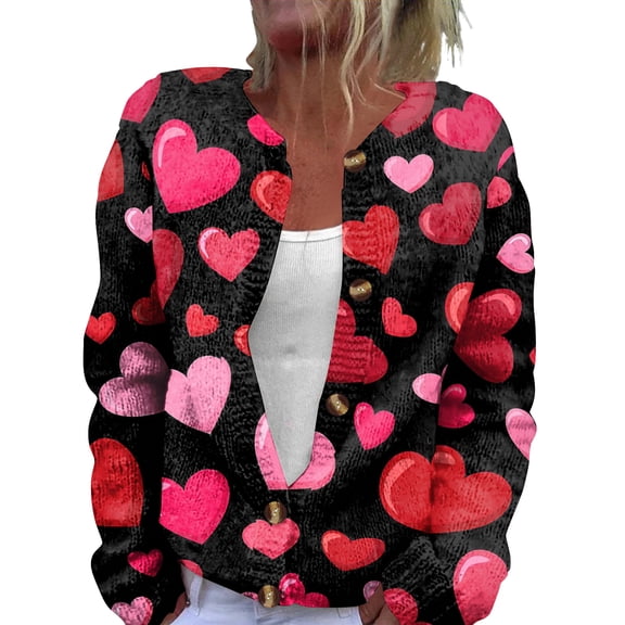 Fgvctg Valentine's Day Cardigan Sweaters for Women Knitted Open Front Cute Sweater Casual Long Sleeve Coats Love Heart Print Button Down Cardigans Sweaters Chunky Spring Outfits Hot Pink S