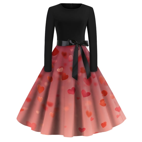 Fgvctg Valentine's Day Date Night Dresses for Women Sweet Crewneck Vintage Cocktail Dress Love Heart Graphic Pretty 50's Dress Long Sleeve Sweet Dressy Clothes Pink S