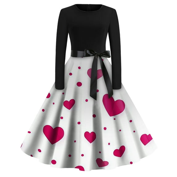 Fgvctg Valentine's Day Dresses for Women Dinner Vintage Cocktail Dress 1950s Cute Heart Print Crewneck Dress Plus Size Date Night Romantic Long Sleeve Clothing Soft Outfit Pink S